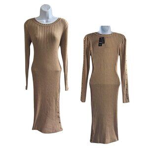 NWT BEBE Tan Long Sleeve Knit Snap Detail Bodycon Midi Sweater Dress Size M